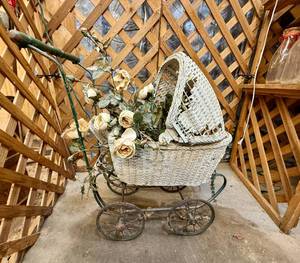 Vintage Wicker Baby Carriage and Wooden Wagon Decor