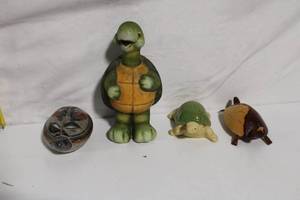 lot 31 image: Set of 4 Turtle Figurines Including Ceramic and Wooden Designs