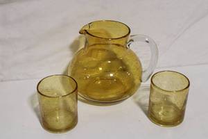 lot 34 image: Amber Glass Pitcher with Two Matching Tumblers