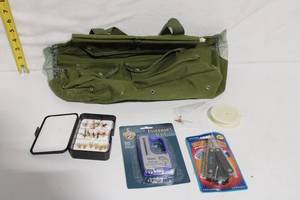 lot 64 image: Fishing Gear Set with Bag, Fly Box, Scale, Multi-tool, and Line