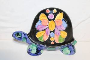 lot 76 image: Hand-Painted Ceramic Turtle Figurine with Colorful Butterfly Design