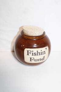 lot 87 image: Vintage Ceramic Fishin Fund Jar with Cork Lid