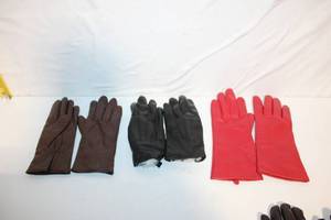 lot 111 image: Collection of 3 Pairs of Leather Gloves in Brown, Black, and Red