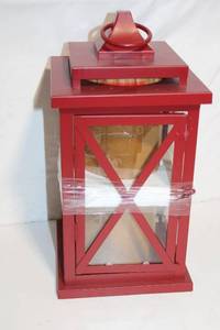 lot 148 image: Red Metal Decorative Lantern with Glass Panels