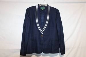 lot 408 image: Lauren Ralph Lauren Navy Blazer with Striped Lapel, Size 16