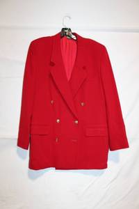lot 438 image: Red Double-Breasted Womens Blazer with Gold Buttons - Size 14