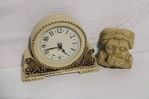 lot 16 image: Vintage Style Table Clock and Decorative Statue Set