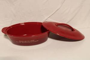 lot 118 image: Red Ceramic Casserole Dish with Lid - Made with Love in the Johnson Kitchen