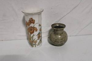 lot 121 image: Pair of Vintage Vases - Porcelain Floral and Metal