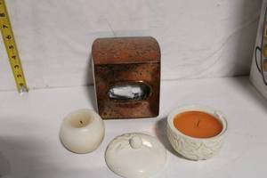 lot 128 image: Decorative Copper Tissue Box and Ceramic Candle Holders