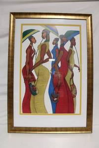 lot A-185 image: Framed Artwork Featuring Elegant Women with Green Umbrellas