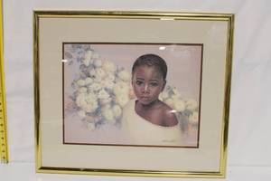 lot A-192 image: Framed Portrait Art Print of Young Girl with Floral Background