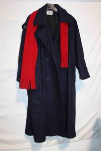 lot 448 image: Navy Wool Blend Overcoat with Red Scarf by International Scene