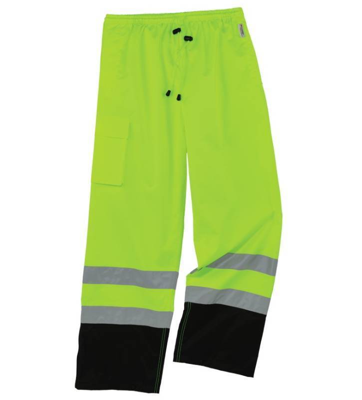 lot 828 image: NEW Ergodyne GloWear 8915BK Hi-Vis Rain Pants - Class E, Black Bottom - LIME 2XL