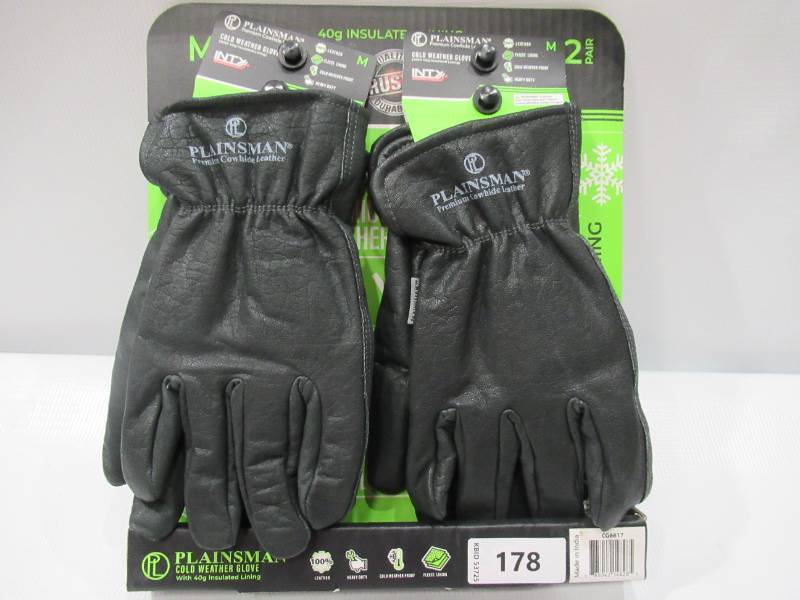 lot 437 image: NEW Plainsman CG6617 Cold Weather Gloves 40g, 2 Pairs Premium Cowhide Leather - Black MEDIUM