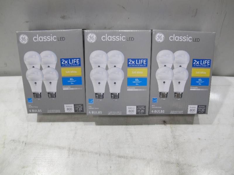 lot 371 image: NEW GE Classic 60-Watt EQ A19 Dimmable LED Light Bulb (4-Pack, Soft White) x 3 - 12 Bulbs Total