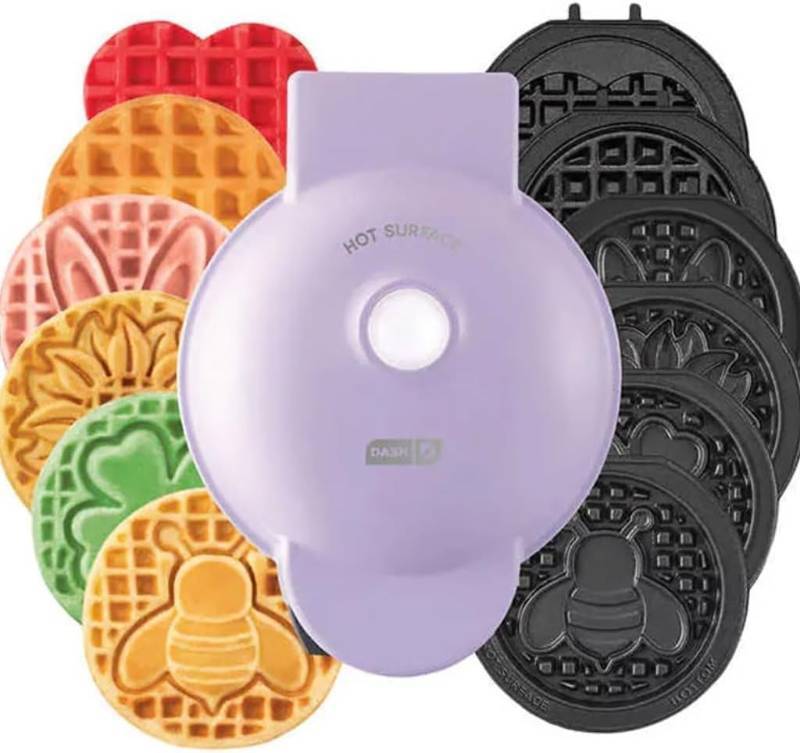 lot 444 image: DASH Mini Waffle Maker with 7 Removable Spring Themed Plates - Bunny Clover Heart with Storage Container Non-Stick Coating-  Purple