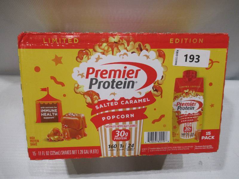 lot 261 image: NEW Case of Premier Protein 30g High Protein Shake, Salted Caramel Popcorn 11 fl. oz., 15 pk