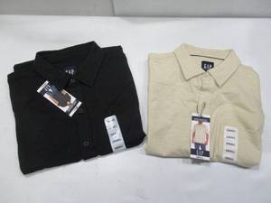 lot 156 image: NEW 2 Pack of GAP Mens Short Sleeve Knit Button Down Shirts - Neutral and True Black - LARGE