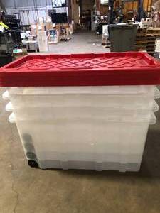 lot 38 image: 4 Pieces of HDX 77 Gal. Tough Storage Tote with Wheels in Clear with Red Lid    Customer Returns See Pictures