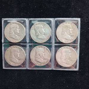 lot 8 image: Pre-1964 Franklin Half Dollars - 3 dollars face (6 coins total)