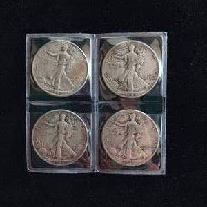 Walking Liberty Half Dollars  -  Years: 1942, 1943, 1944, & 1945 (4 coins total)