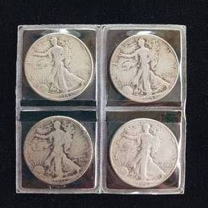 lot 33 image: Walking Liberty Half Dollars - 2 dollars face - 4 coins total
