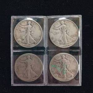lot 34 image: Walking Liberty Half Dollars - 2 dollars face - 4 coins total