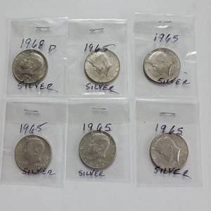 lot 38 image: Kennedy Half Dollars - 3 dollars face - 5 coins total