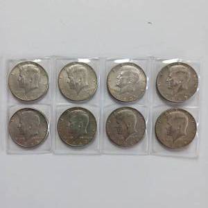 lot 39 image: Kennedy Half Dollars - 4 dollars face - 8 coins total from 1966-69