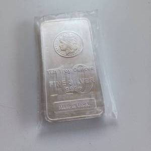 lot 45 image: TEN TROY OUNCES FINE SILVER BAR 999 Made in USA