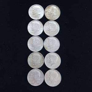 lot 55 image: 1964 Kennedy Half dollar - 5 dollar face - 10 coins total