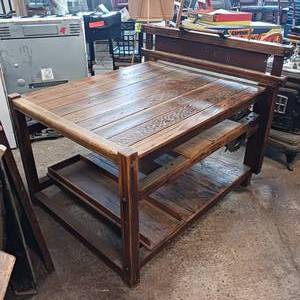 lot 56 image: Repurposed Vintage Loom - Work bench, Sewing table with some original loom parts - Heavy duty Old Barn wood work table