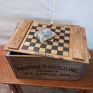 lot 58 image: Budweiser Crate Box - Checkerboard (Includes original bottle caps)