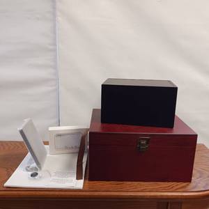 lot 75 image: Cremation Urn and Memento Frame Kit Chest Cherry Finish MDF Wood