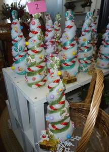Group of 8 fun christmas trees, small wreaths and a basket of plastic ornaments