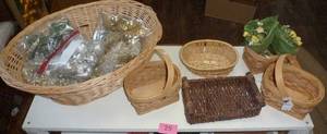 Wicker baskets and one full of ornaments