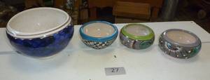 4 round painted terracotta planters, the large one appears used
