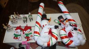 2 LARGE Snowmen riding on candy canes and other snowmen dcor
