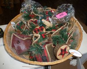 Basket full of wood ornaments