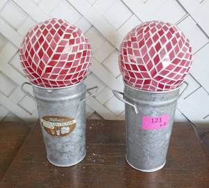Two 6 inch hanging gazing balls and 2 metal planters