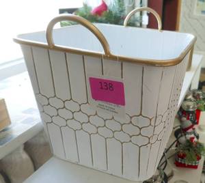 Metal planter, candle holders and holiday decor