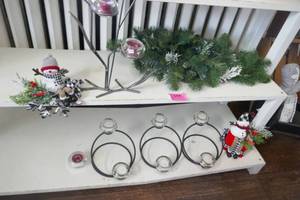 Metal double candle holders, greenery table centerpiece, snowmen