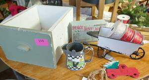 Group of country home items - wheelbarrow, drawer, coffee pot and wall hanging, 6 pickup truck ornaments