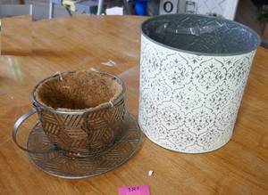 metal coffee cup planter and tall metal planter