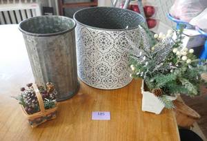 2 metal planters and 2 greenery dcor