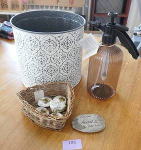 Larger metal planter, 2 quart flower sprayer, message stones