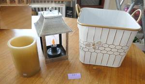 Larger metal planter and 2 LED flicker light candles