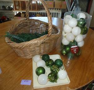 wicker basket and green and white ornaments
