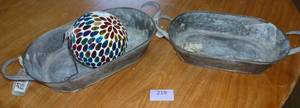 Two galvanized shallow planters and mozaic gazing ball